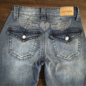 Love Soho Rhinestone Angel Wing Heart Flare Jeans Size 3 Y2K